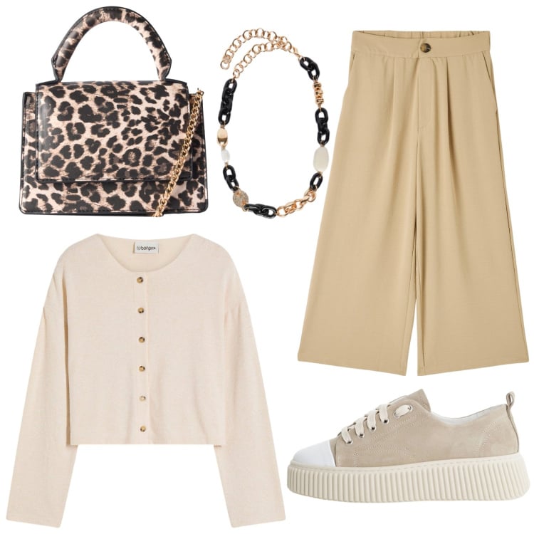 Outfit donna - Total look #2241832. Stile Casual chic per Ufficio. Abbinamento con cardigans, pantaloni a palazzo, borse a tracolla, sneakers, collane.