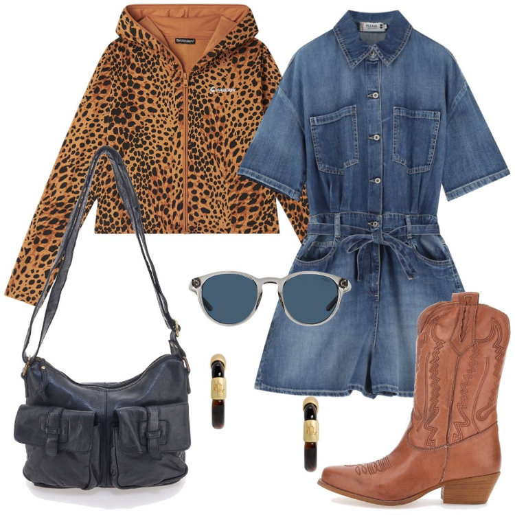 Outfit donna - La felpa animalier. Stile Casual per Tutti i giorni. Abbinamento con tuta corta, felpe con cappuccio, occhiali da sole, orecchini, stivaletti, borse a tracolla.
