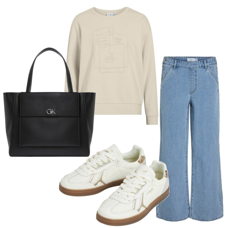 Outfit mujer - Basic look. Estilo Basic para Todos los días. Combinación con vaqueros rectos, sudaderas, bolso tote, sneakers.