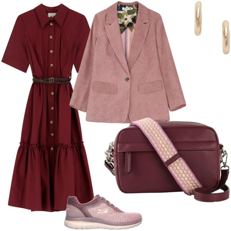 Outfit donna - In giro per negozi. Stile Casual chic per Tutti i giorni. Abbinamento con borse a tracolla, blazer, vestiti midi/longuette, orecchini, sneakers.