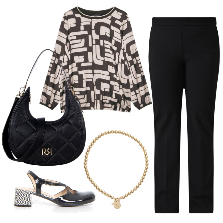 Outfit donna - Tartan moderno. Stile Chic per Tutti i giorni. Abbinamento con borse a tracolla, pantaloni a palazzo, collane, t-shirt, décolleté.