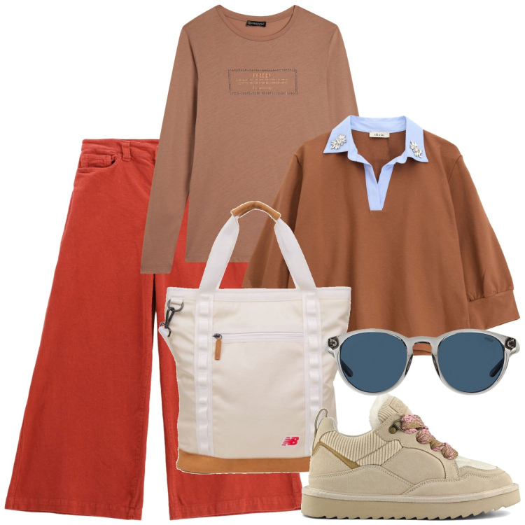 Outfit donna - Weekend in libertà. Stile Casual chic per Tutti i giorni. Abbinamento con shopping bag, pantaloni, t-shirt, felpe, occhiali da sole, sneakers alte.