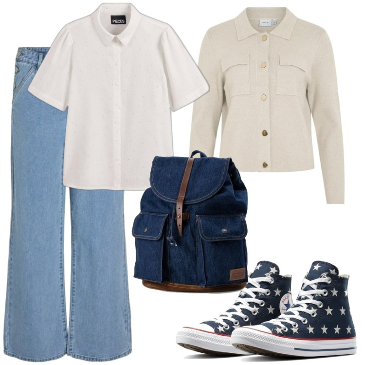 Outfit mujer - Universidad Chic. Estilo Casual para Escuela/Universidad. Combinación con vaqueros rectos, mochilas, blusas, sneakers, cárdigans.