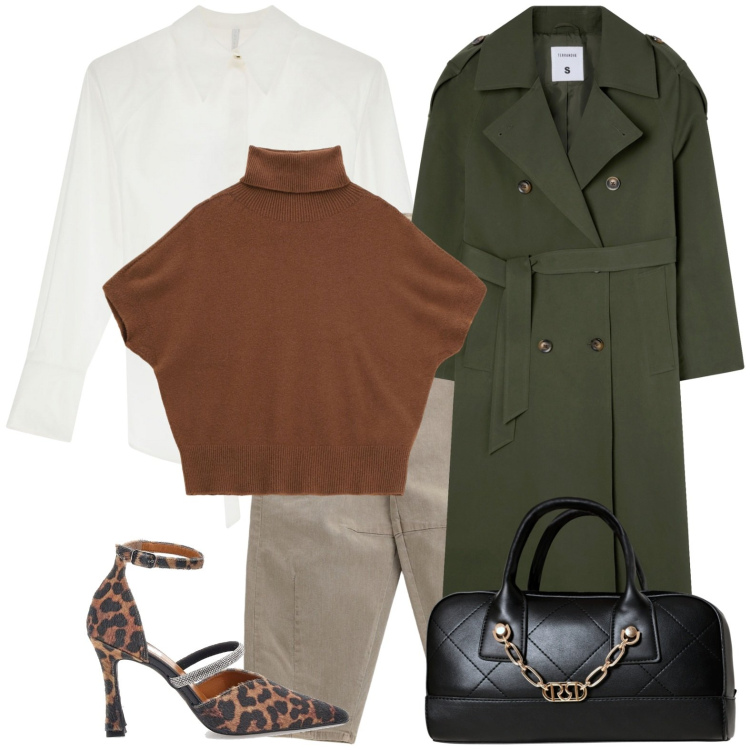 Outfit donna - Autunno con stile. Stile Trendy per Ufficio. Abbinamento con trench, borse a mano, pantaloni chino, maglieria, camicie, décolleté.