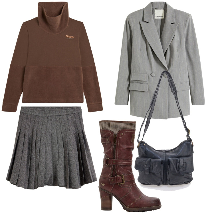 Outfit donna - Felpa e blazer. Stile Preppy per Scuola/Università. Abbinamento con minigonne, blazer, stivali, felpe, borse a tracolla.