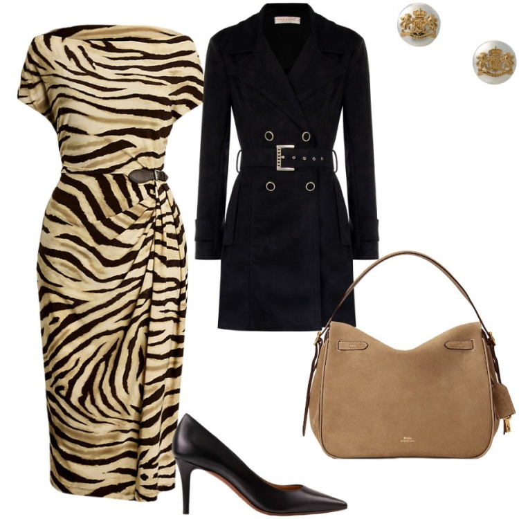 Outfit donna - Abito versatile. Stile Glamour per Serata fuori. Abbinamento con trench, borse a mano, vestiti, orecchini, décolleté.