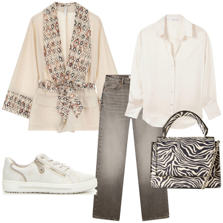 Outfit donna - Total look #2241858. Stile Trendy per Tutti i giorni. Abbinamento con camicie, borse a tracolla, jeans dritti, blazer, sneakers.