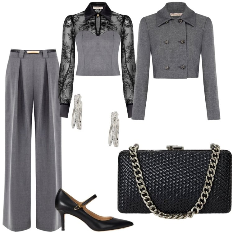 Outfit donna - Una cerimonia autunnale. Stile Bon Ton per Cerimonia. Abbinamento con pantaloni a palazzo, bluse, blazer, orecchini, clutch, décolleté.