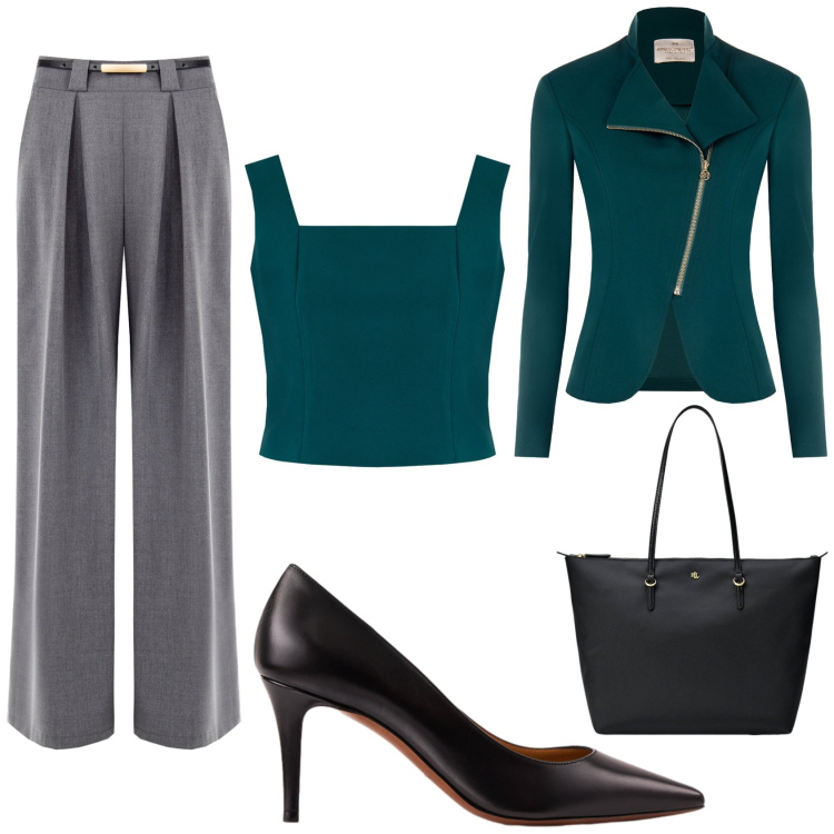 Outfit donna - Il pantalone palazzo. Stile Chic per Ufficio. Abbinamento con blazer, pantaloni a palazzo, top, borse tote, décolleté.