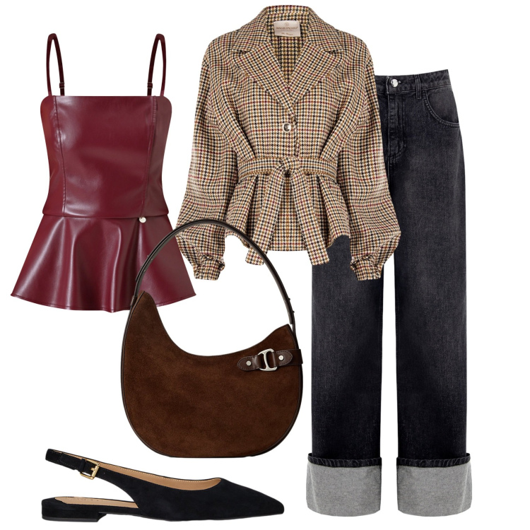 Outfit donna - Rinascimento FW26. Stile Glamour per Tutti i giorni. Abbinamento con top, jeans, caban, ballerine, borse a spalla.