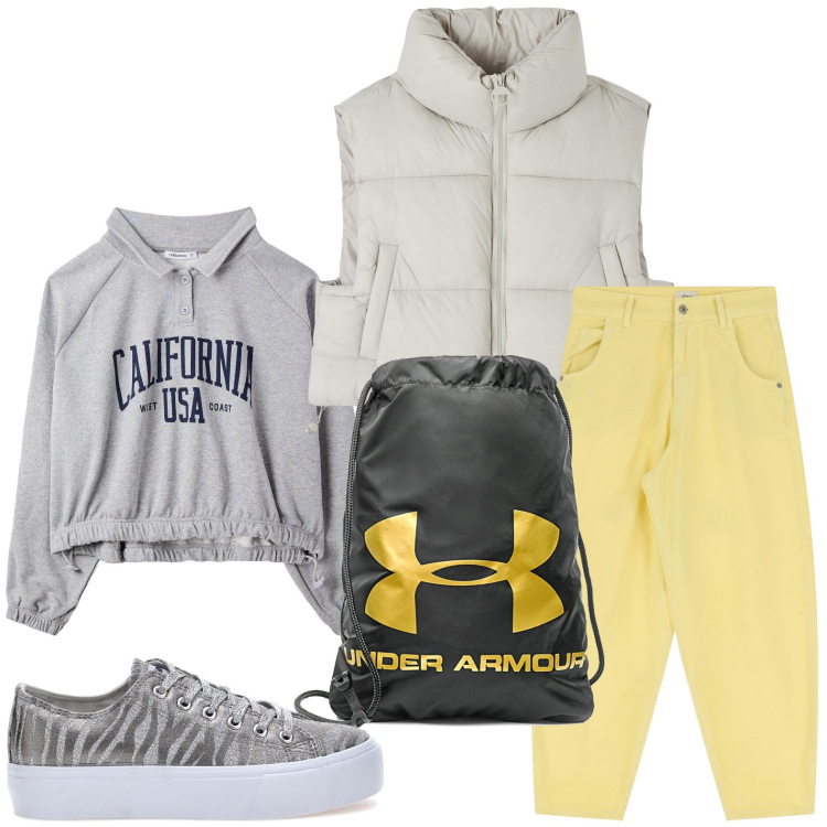 Outfit donna - Scuola trendy. Stile Trendy per Scuola/Università. Abbinamento con piumini, felpe, jeans, zaini, sneakers.