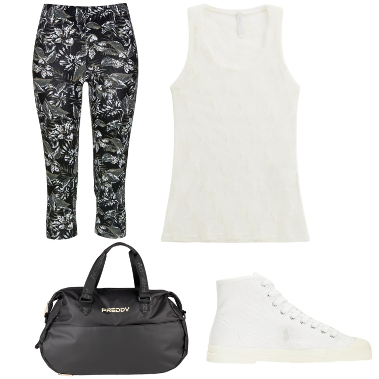 Outfit donna - Sporty chic. Stile Sporty chic per Sport. Abbinamento con leggings, canottiere, borse sportive, sneakers alte.