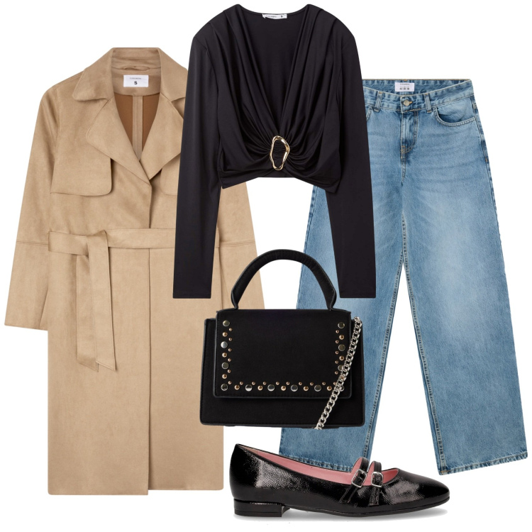 Outfit donna - Terranova back to reality. Stile Casual per Tutti i giorni. Abbinamento con trench, maglieria, borse a tracolla, jeans boyfriend, ballerine.