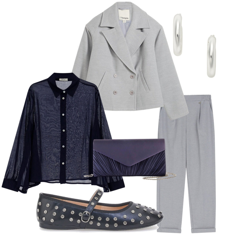 Outfit donna - Passeggiata serale. Stile Glamour per Tutti i giorni. Abbinamento con caban, pochette, camicie, pantaloni, orecchini, ballerine.