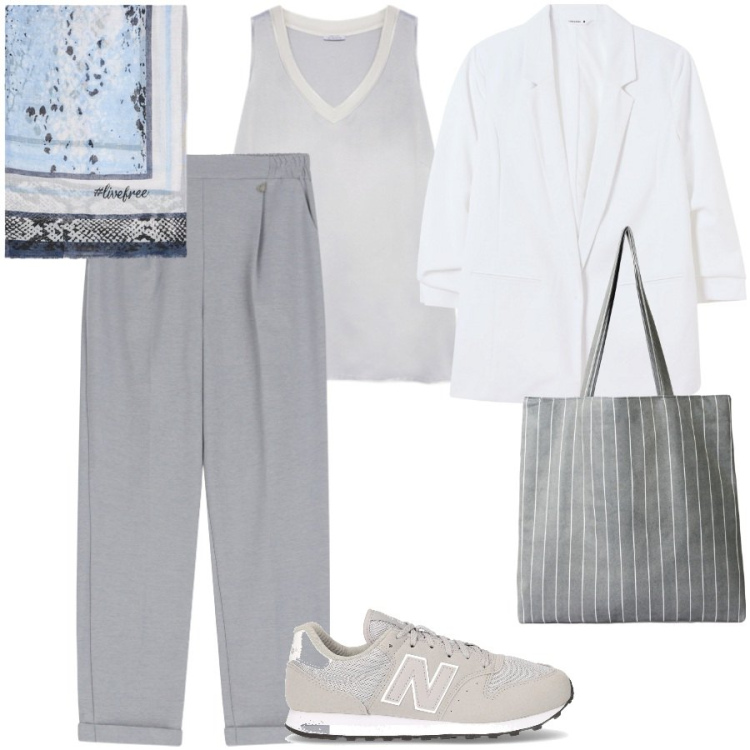 Outfit donna - Giornata di lavoro. Stile Casual chic per Ufficio. Abbinamento con blazer, shopping bag, pantaloni, sneakers, top, foulard.