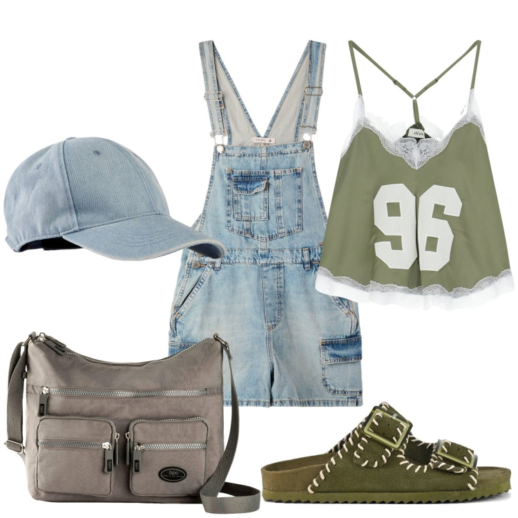 Outfit donna - Mini salopette. Stile Minimal per Tutti i giorni. Abbinamento con borse a tracolla, cappelli con visiera, vestiti senza maniche, top, sandali.
