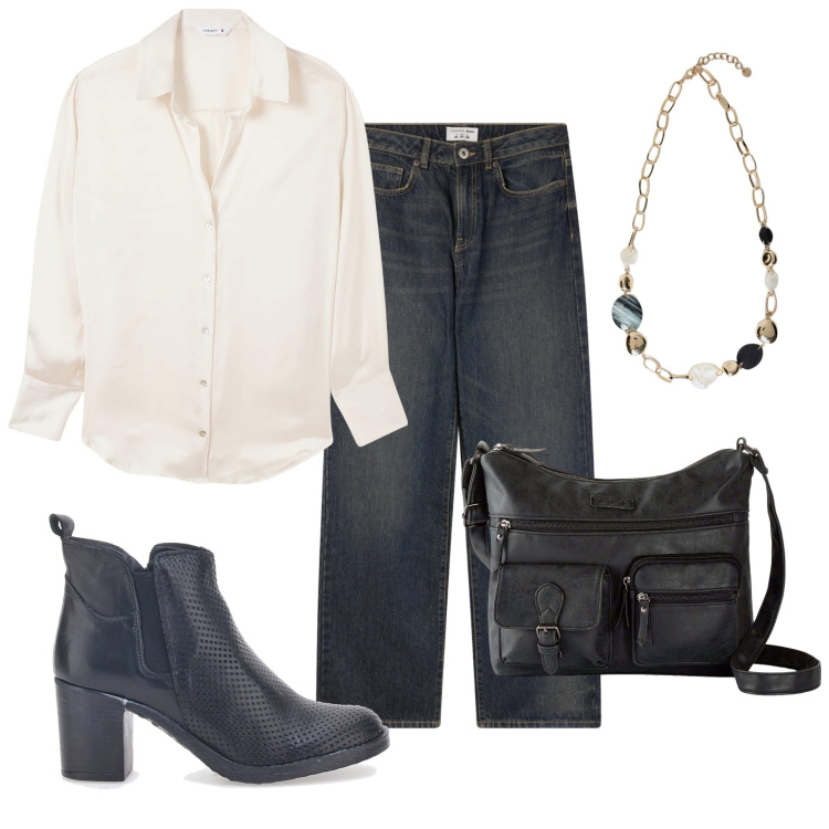 Outfit donna - Jeans e camicia. Stile Casual per Tutti i giorni. Abbinamento con borse a tracolla, camicie, jeans dritti, stivaletti, collane.