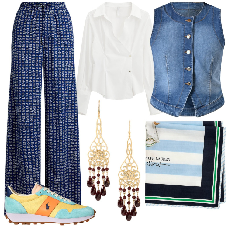 Outfit donna - L\'estate resta addosso. Stile Casual per Tutti i giorni. Abbinamento con gilet, camicie, pantaloni, foulard, sneakers, orecchini.