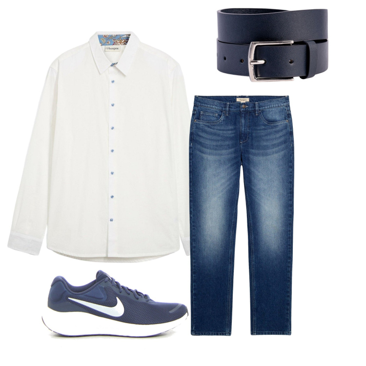Outfit uomo - Camicia bianca. Stile Business/Elegante per Tutti i giorni. Abbinamento con jeans dritti, camicie, cinture, sneakers.