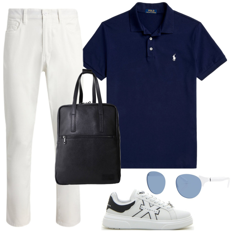 Outfit uomo - Gli ultimi raggi di sole. Stile Casual per Serata speciale. Abbinamento con borse sportive, polo, pantaloni, occhiali da sole, sneakers.