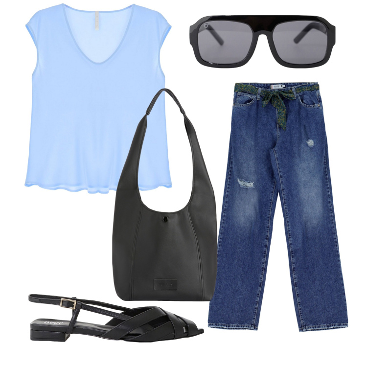 Outfit donna - In centro. Stile Casual per Tutti i giorni. Abbinamento con jeans strappati, top, occhiali da sole, sandali, borse a spalla.