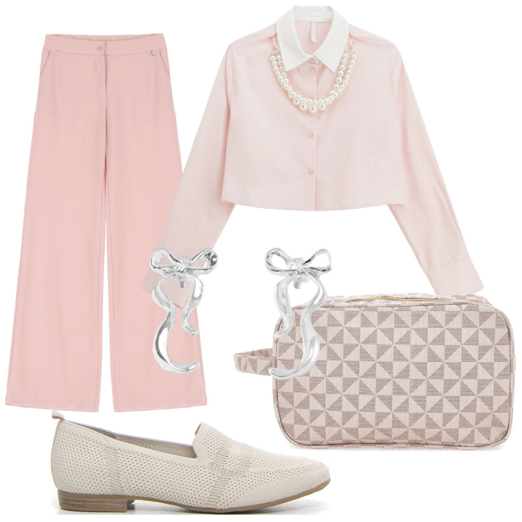 Outfit donna - Bon ton rosa. Stile Bon Ton per Tutti i giorni. Abbinamento con orecchini, camicie, pantaloni, valigie, mocassini.
