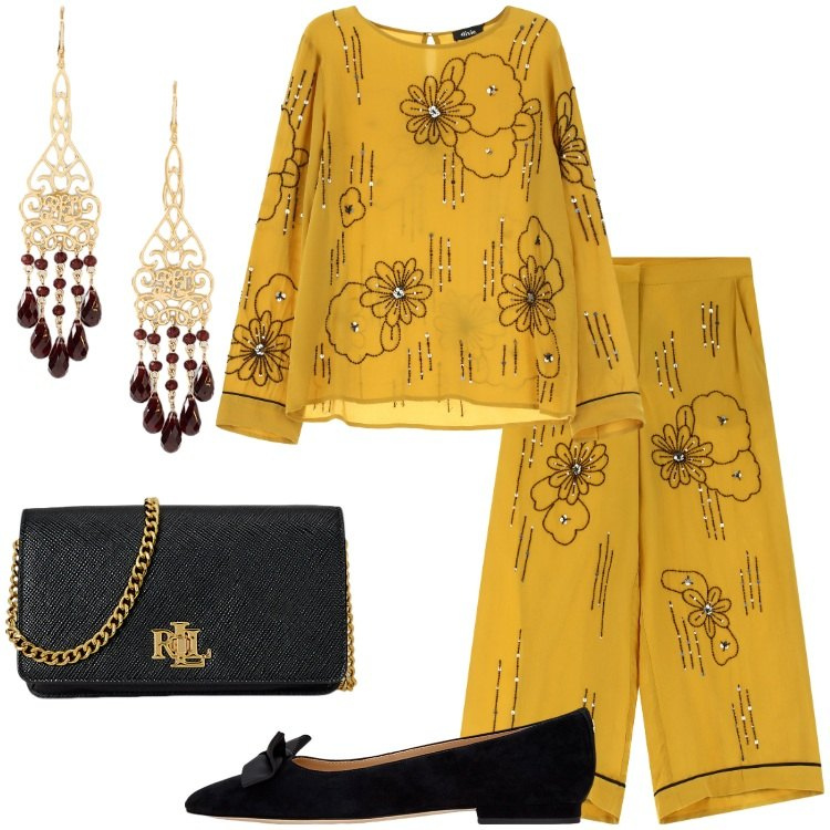 Outfit donna - Etno chic senape. Stile Etnico per Serata fuori. Abbinamento con pantaloni, camicie, ballerine, borse a tracolla, orecchini.