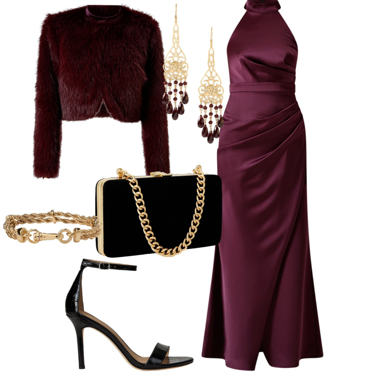 Outfit donna - Cerimonia in autunno. Stile Glamour per Cerimonia. Abbinamento con vestiti lunghi, blazer, clutch, braccialetti, sandali in pelle, orecchini.