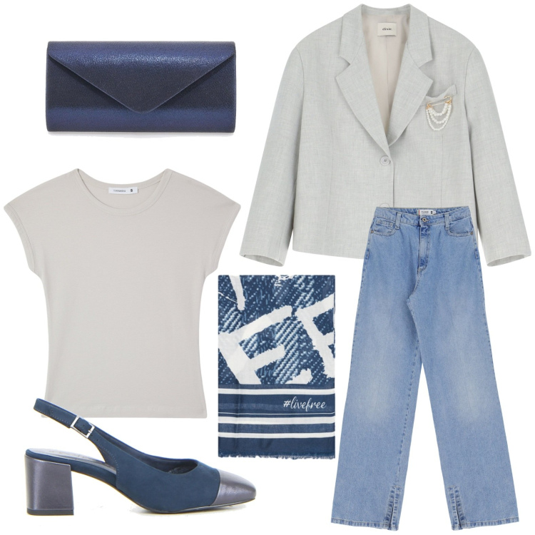Outfit donna - Aperitivo chic. Stile Glamour per Serata fuori. Abbinamento con t-shirt, jeans, blazer, décolleté, borse a tracolla, foulard.