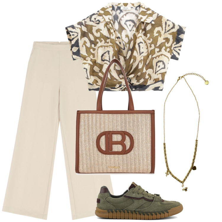 Outfit donna - Settembre. Stile Casual chic per Tutti i giorni. Abbinamento con pantaloni, ciondoli, top, borse a spalla, sneakers.