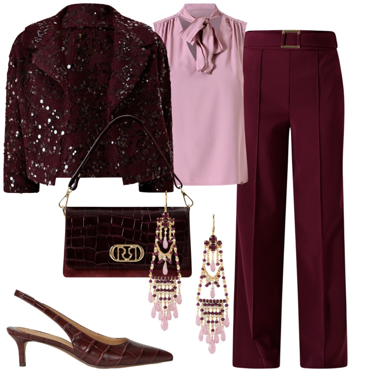 Outfit donna - Rinascimento glam. Stile Glamour per Serata fuori. Abbinamento con blazer, top, pantaloni, borse a mano, décolleté, orecchini.