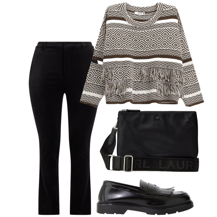 Outfit donna - La mezza stagione. Stile Urban per Ufficio. Abbinamento con maglieria, mocassini, borse a tracolla, pantaloni.