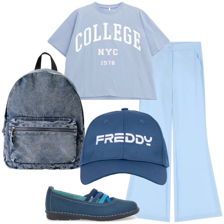 Outfit donna - Azzurro preppy. Stile Preppy per Tutti i giorni. Abbinamento con zaini, t-shirt, cappelli, pantaloni, ballerine.