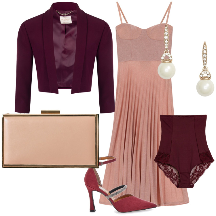 Outfit donna - Matrimonio a settembre. Stile Chic per Cerimonia. Abbinamento con culotte, blazer, pochette, vestiti midi/longuette, orecchini, décolleté.