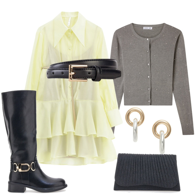 Outfit donna - Urbana chic. Stile Bon Ton per Serata fuori. Abbinamento con cinture, cardigans, vestiti corti, orecchini, stivali, clutch.
