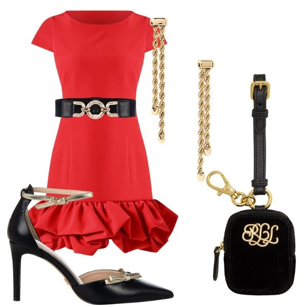 Outfit donna - rosso e nero. Stile Glamour per Tutti i giorni. Abbinamento con vestiti, cinture, décolleté, pochette, orecchini.