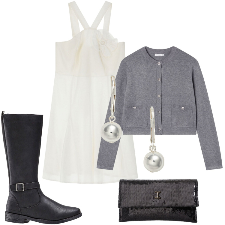 Outfit donna - Comoda ma raffinata. Stile Minimal per Serata fuori. Abbinamento con stivali, cardigans, borse a tracolla, vestiti asimmetrici, orecchini.