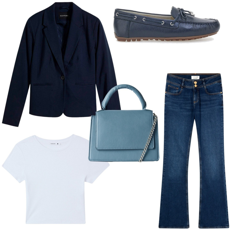 Outfit donna - Comoda e carina in ufficio. Stile Urban per Ufficio. Abbinamento con blazer, t-shirt, borse a tracolla, jeans a zampa, mocassini.