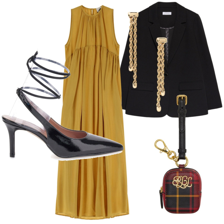 Outfit donna - L\'abito fluido. Stile Chic per Serata fuori. Abbinamento con vestiti lunghi, orecchini, pochette, blazer, décolleté.