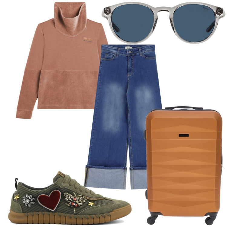 Outfit donna - Originale sneaker. Stile Sporty chic per Tutti i giorni. Abbinamento con jeans dritti, felpe, occhiali da sole, valigie, sneakers.