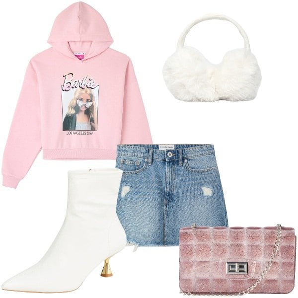 Outfit donna - Barbie style. Stile Urban per Tutti i giorni. Abbinamento con felpe con cappuccio, stivaletti, minigonne, borse a tracolla, cappelli.