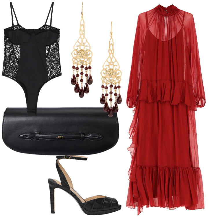 Outfit donna - Elegante bohemienne. Stile Boho per Serata fuori. Abbinamento con vestiti lunghi, body, sandali in pelle, clutch, orecchini.