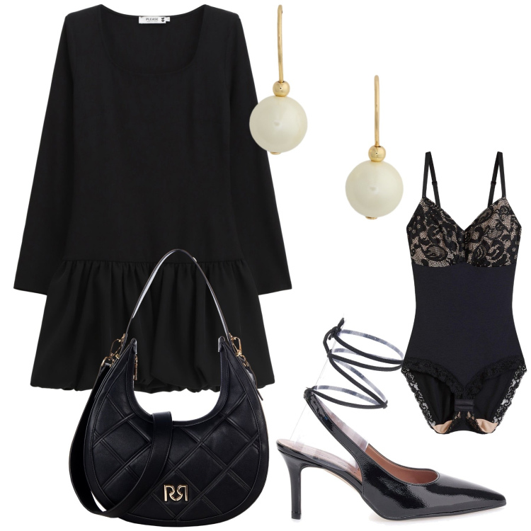 Outfit donna - Serata di venerdì con il mio amore. Stile Glamour per Serata fuori. Abbinamento con body, borse a tracolla, vestiti corti, orecchini, décolleté.