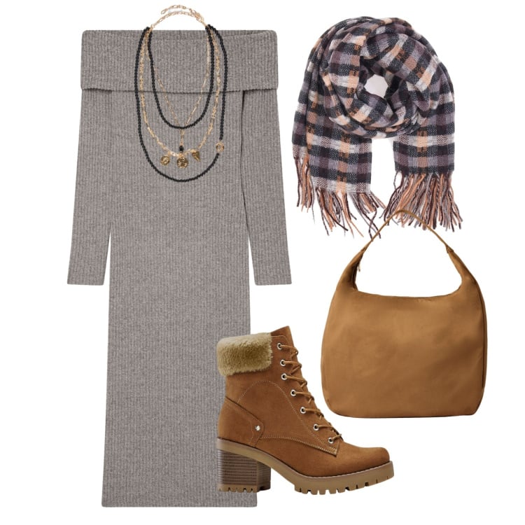Outfit donna - Total look #2241947. Stile Urban per Tutti i giorni. Abbinamento con stivaletti, vestiti lunghi, borse a mano, sciarpe, collane.