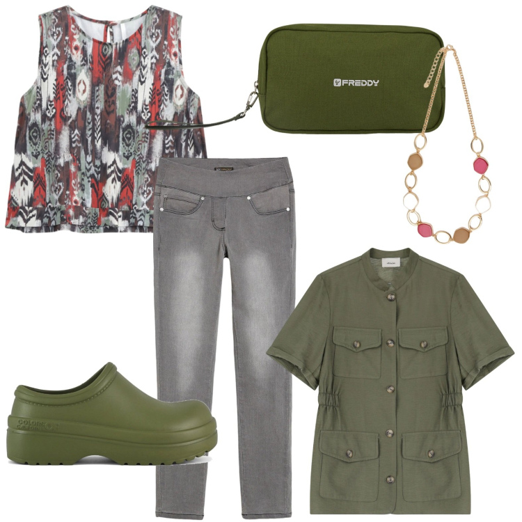 Outfit donna - Top con stampa indian. Stile Etnico per Tutti i giorni. Abbinamento con jeans slim fit, top, valigie, gilet, sandali, collane.