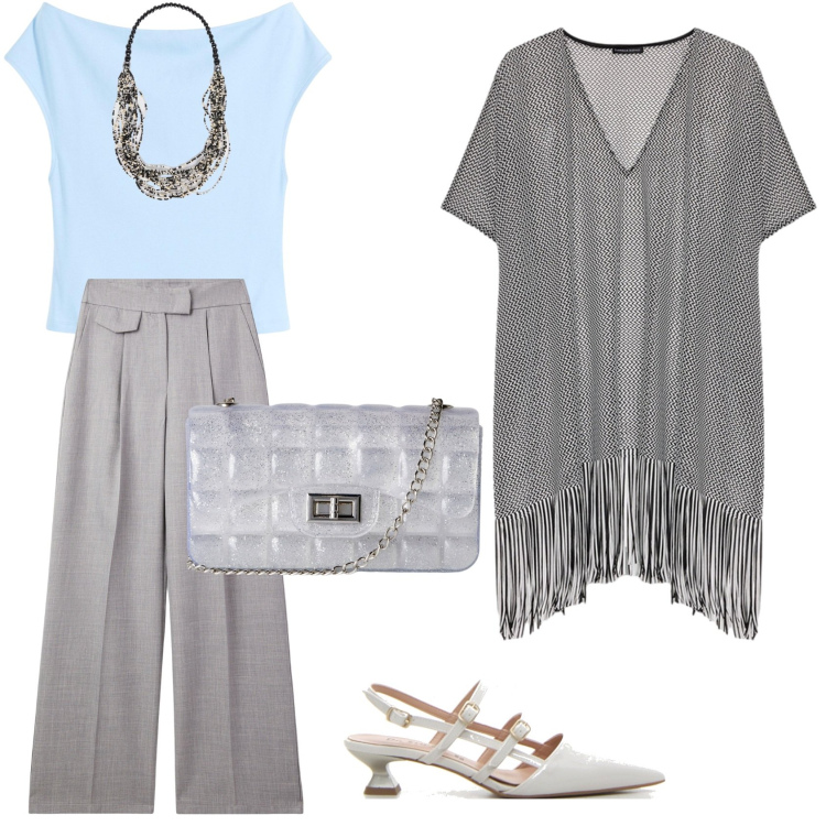 Outfit donna - Minimal grigio perla. Stile Minimal per Tutti i giorni. Abbinamento con maglieria, pantaloni, borse a tracolla, collane, décolleté, caftani.