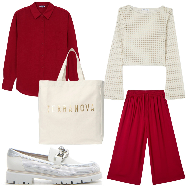 Outfit donna - Ogni giorno. Stile Casual per Tutti i giorni. Abbinamento con maglieria, pantaloni a palazzo, camicie, borse tote, mocassini.