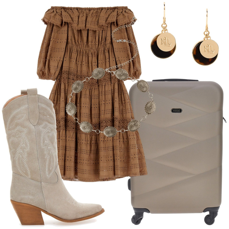 Outfit donna - Il miniabito ricamato. Stile Etnico per Tutti i giorni. Abbinamento con cinture, vestiti corti, orecchini, stivaletti texani, valigie.