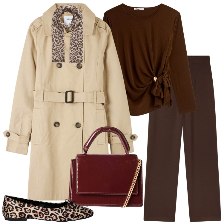 Outfit donna - Terranova. Stile Casual chic per Ufficio. Abbinamento con trench, ballerine, borse a tracolla, pantaloni, sciarpe, t-shirt.