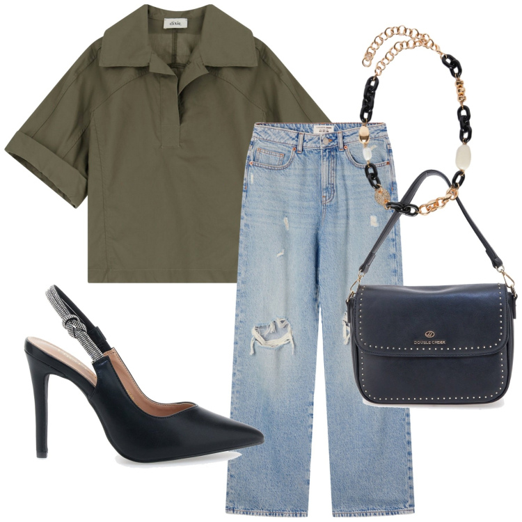 Outfit donna - Total look #2241965. Stile Casual chic per Serata fuori. Abbinamento con jeans strappati, camicie a manica corta, décolleté, borse a tracolla, collane.